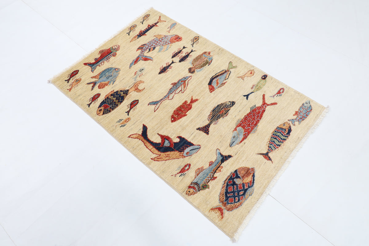 84 x 124 cm | Fish beige Oriental Afghan Hand Knotted Wool carpet