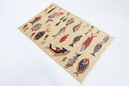 84 x 124 cm | Fish beige Oriental Afghan Hand Knotted Wool carpet