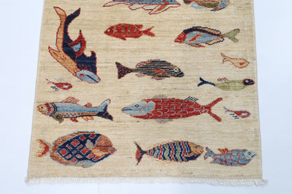 84 x 124 cm | Fish beige Oriental Afghan Hand Knotted Wool carpet
