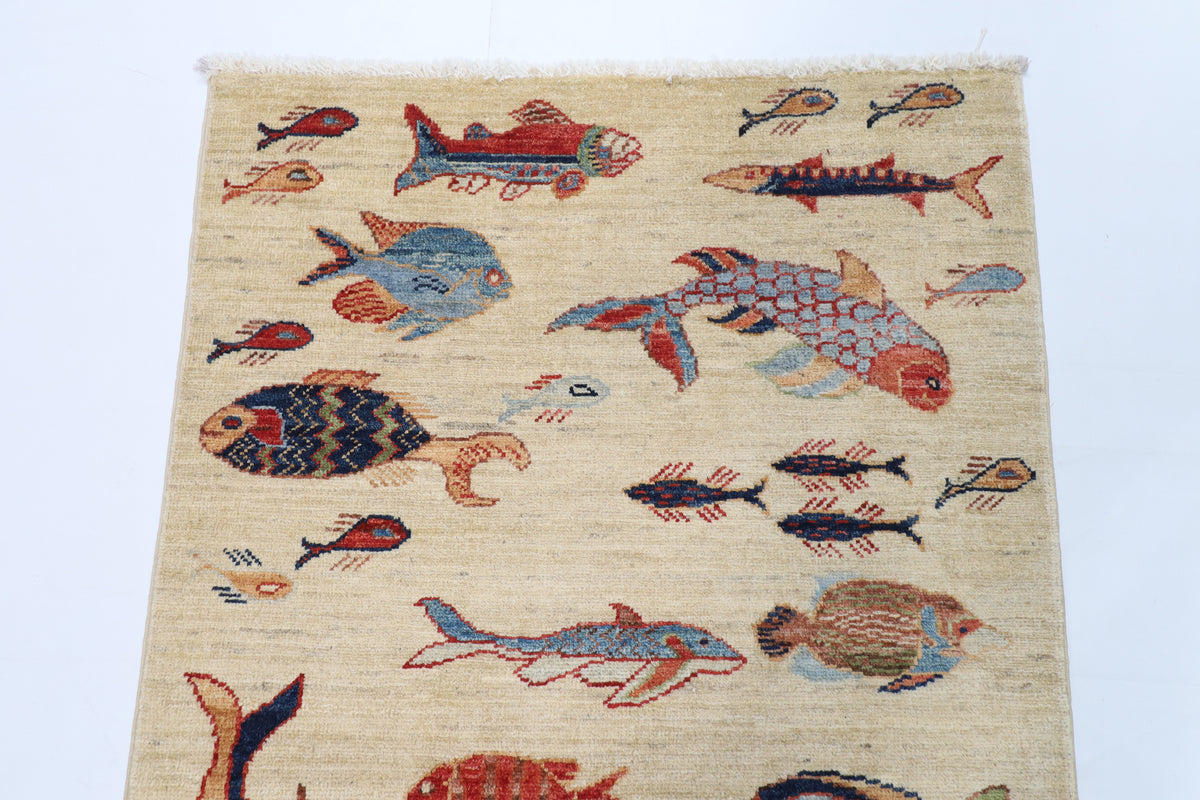 84 x 124 cm | Fish beige Oriental Afghan Hand Knotted Wool carpet