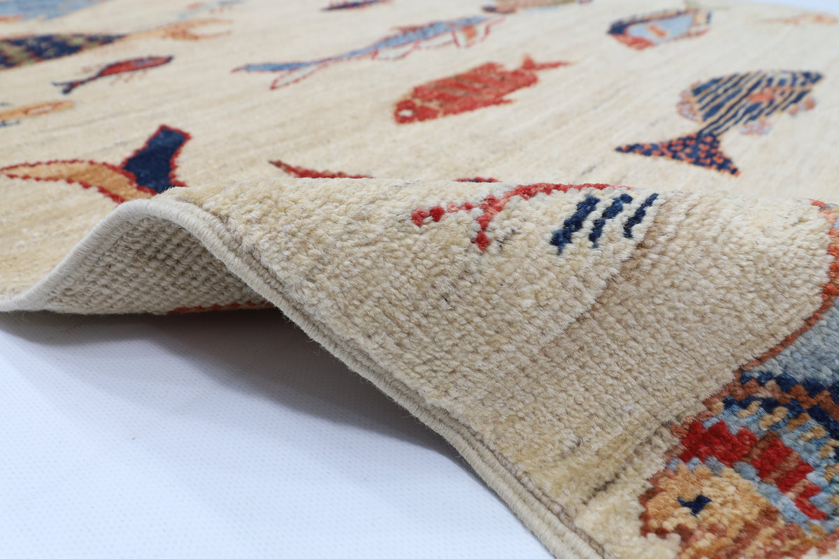 84 x 124 cm | Fish beige Oriental Afghan Hand Knotted Wool carpet