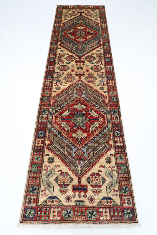 82 x 302 cm | Heriz Beige Afghan Tribal Hand Knotted Veg Dye Wool Runner