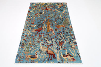 123 x 187 cm | Birds Blue Oriental Area Rug Afghan Hand Knotted Veg dye Wool carpet