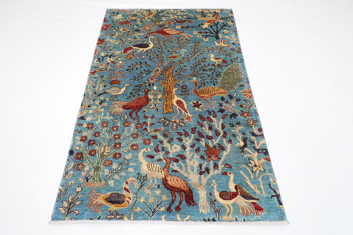 123 x 187 cm | Birds Blue Oriental Area Rug Afghan Hand Knotted Veg dye Wool carpet