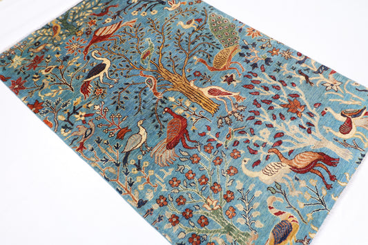 123 x 187 cm | Birds Blue Oriental Area Rug Afghan Hand Knotted Veg dye Wool carpet