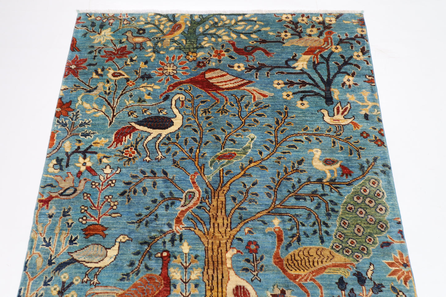 123 x 187 cm | Birds Blue Oriental Area Rug Afghan Hand Knotted Veg dye Wool carpet