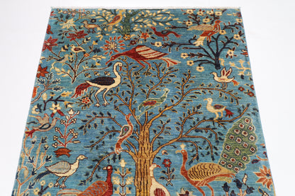 123 x 187 cm | Birds Blue Oriental Area Rug Afghan Hand Knotted Veg dye Wool carpet