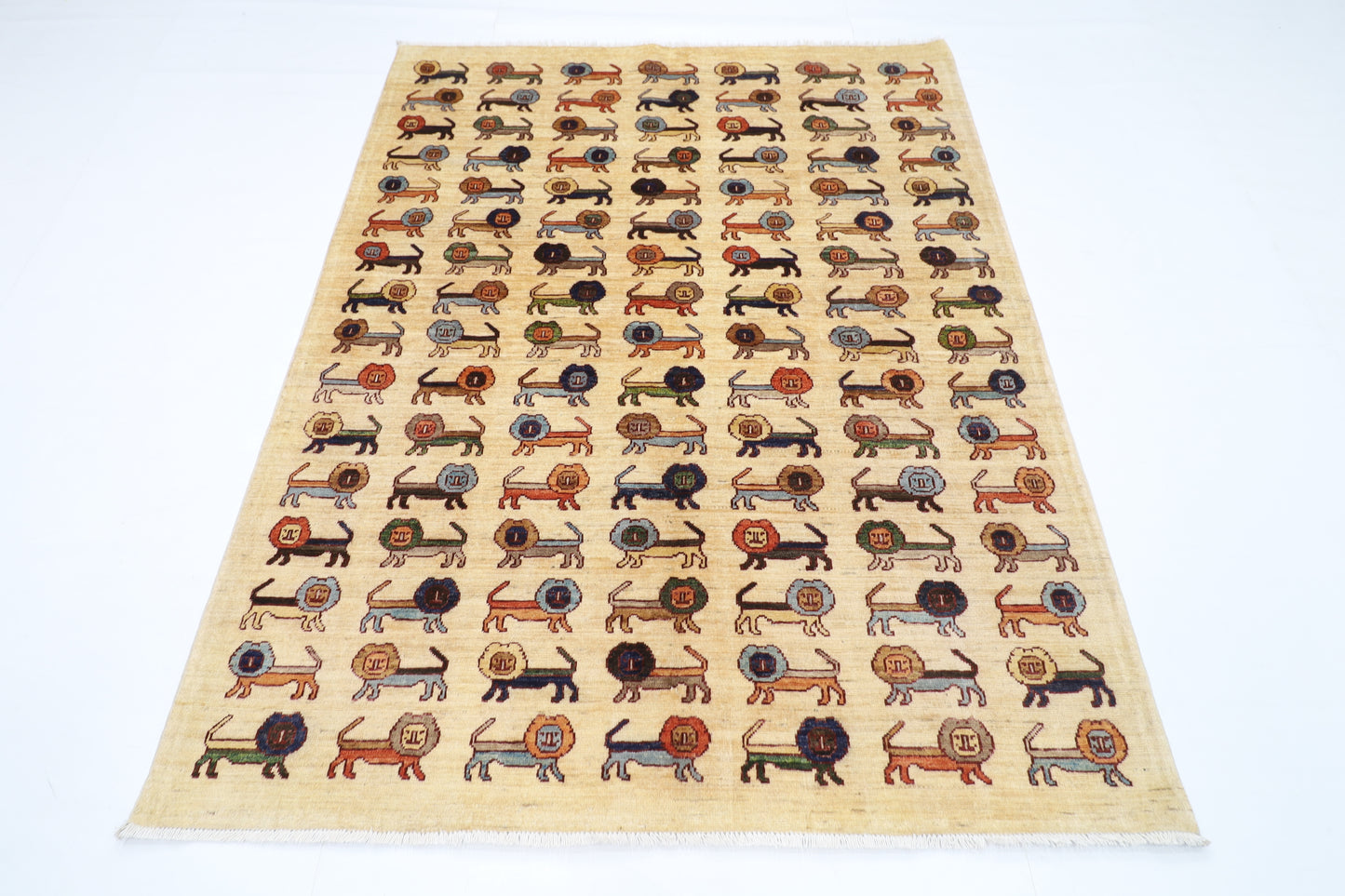 151 x 196 cm | Lion Beige Oriental Area Rug Afghan Hand Knotted Veg dye Wool carpet