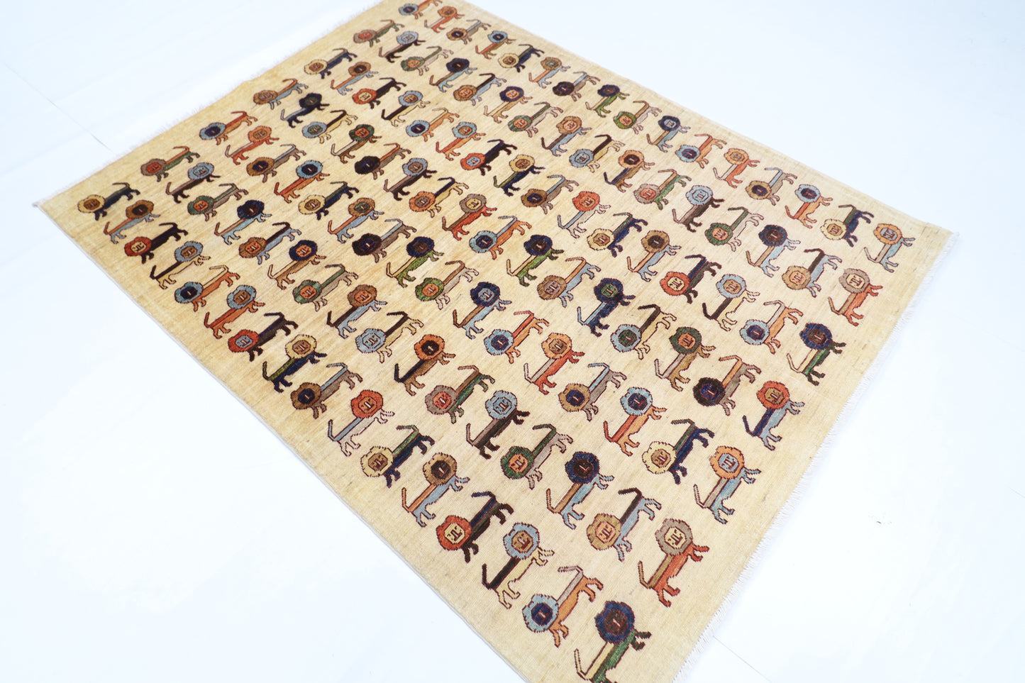 151 x 196 cm | Lion Beige Oriental Area Rug Afghan Hand Knotted Veg dye Wool carpet