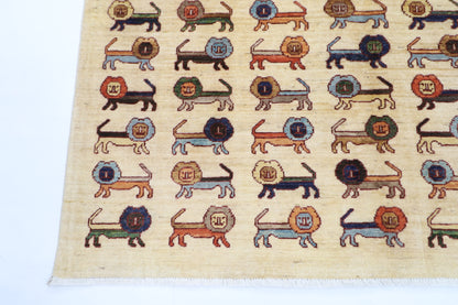 151 x 196 cm | Lion Beige Oriental Area Rug Afghan Hand Knotted Veg dye Wool carpet
