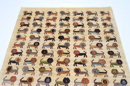 151 x 196 cm | Lion Beige Oriental Area Rug Afghan Hand Knotted Veg dye Wool carpet