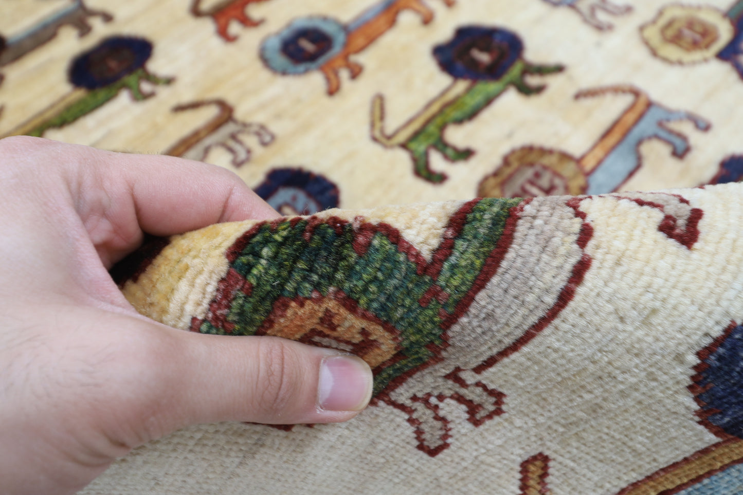 151 x 196 cm | Lion Beige Oriental Area Rug Afghan Hand Knotted Veg dye Wool carpet