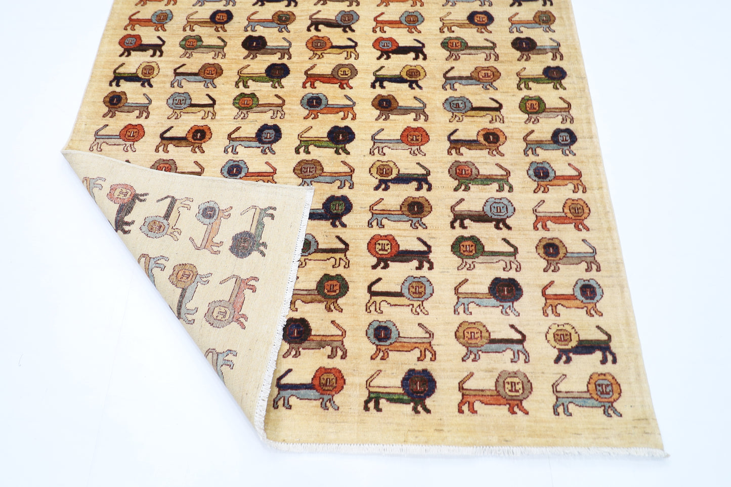 151 x 196 cm | Lion Beige Oriental Area Rug Afghan Hand Knotted Veg dye Wool carpet