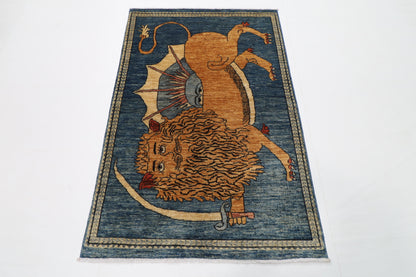 105 x 161 cm | Lion Blue Oriental Afghan Hand Knotted Wool carpet