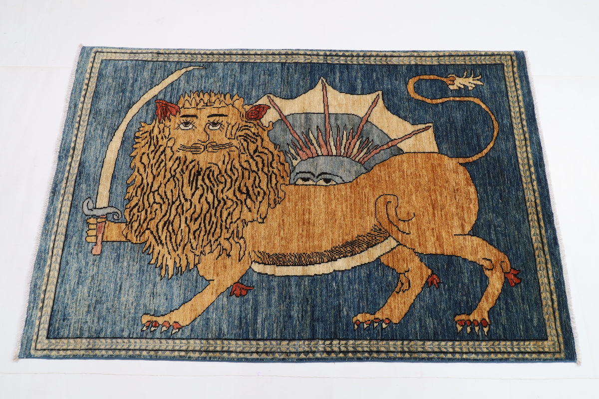 105 x 161 cm | Lion Blue Oriental Afghan Hand Knotted Wool carpet