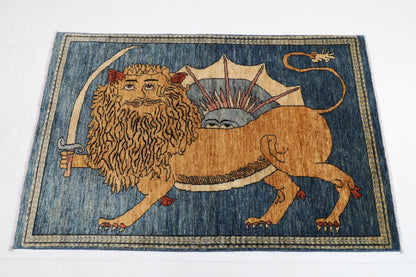 105 x 161 cm | Lion Blue Oriental Afghan Hand Knotted Wool carpet