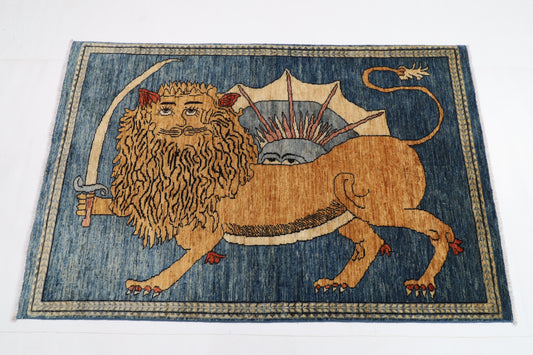 105 x 161 cm | Lion Blue Oriental Afghan Hand Knotted Wool carpet