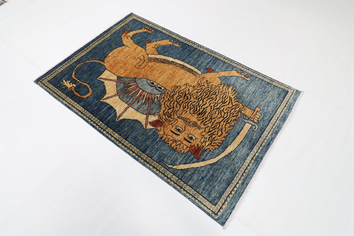 105 x 161 cm | Lion Blue Oriental Afghan Hand Knotted Wool carpet