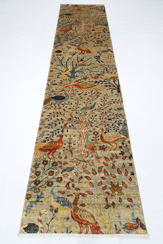 87 x 360 cm | Birds Afghan Tribal Hand Knotted Veg Dye Wool Runner