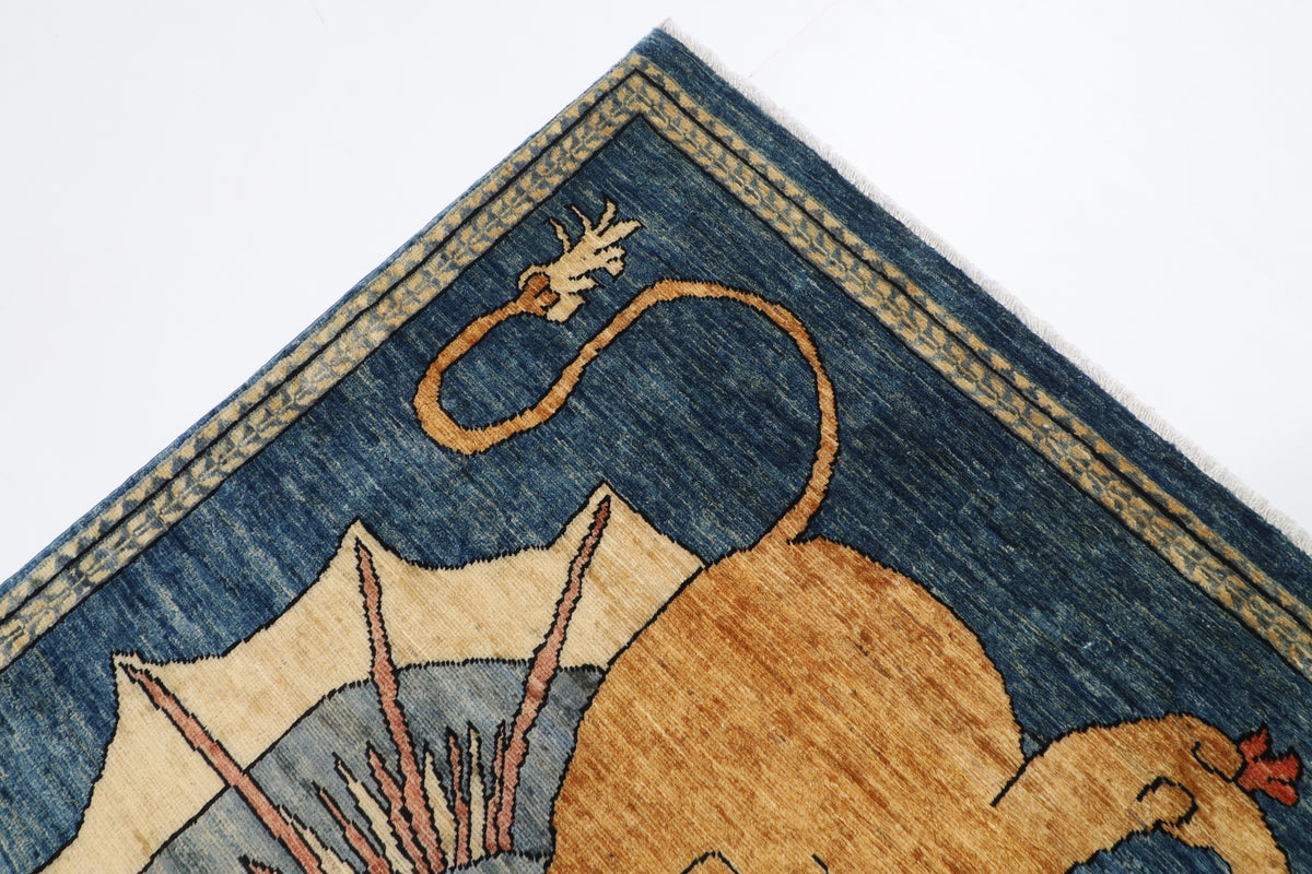105 x 161 cm | Lion Blue Oriental Afghan Hand Knotted Wool carpet