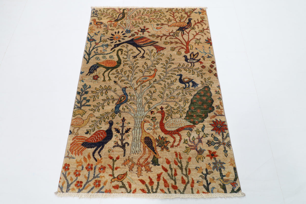 101 x 148 cm | Birds Beige Oriental Afghan Hand Knotted Wool carpet