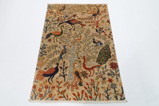 101 x 148 cm | Birds Beige Oriental Afghan Hand Knotted Wool carpet