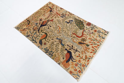 101 x 148 cm | Birds Beige Oriental Afghan Hand Knotted Wool carpet