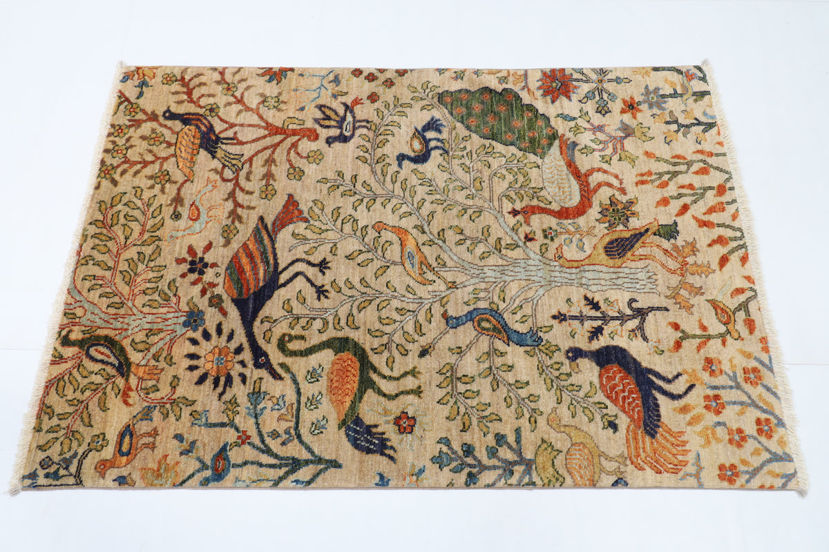 101 x 148 cm | Birds Beige Oriental Afghan Hand Knotted Wool carpet