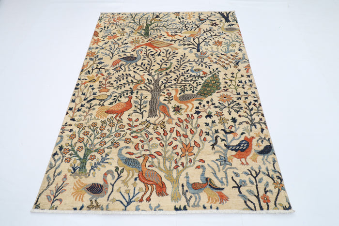 149 x 198 cm | Oriental Birds beige Area Rug Afghan Hand Knotted Veg Dye Wool carpet