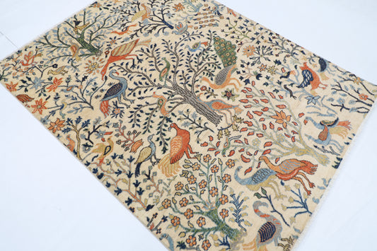 149 x 198 cm | Oriental Birds beige Area Rug Afghan Hand Knotted Veg Dye Wool carpet