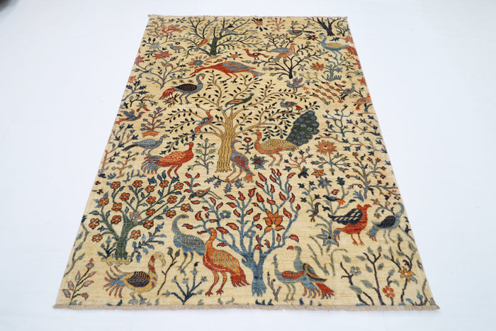 154 x 200 cm | Oriental Birds beige Area Rug Afghan Hand Knotted Veg Dye Wool carpet