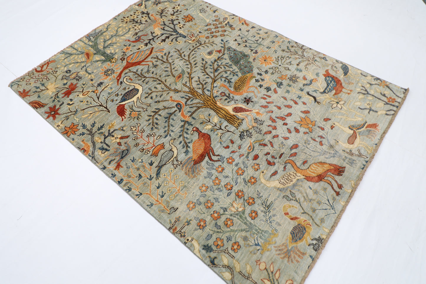 147 x 196 cm | Oriental Birds Area Rug Afghan Hand Knotted Veg Dye Wool carpet
