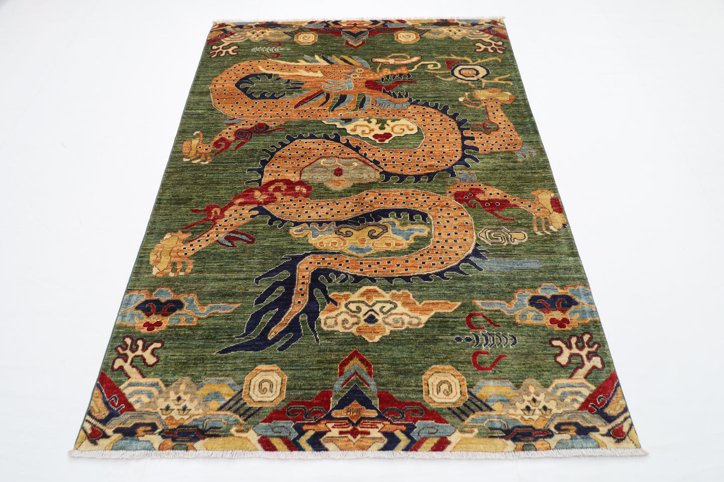 153 x 202 cm | Oriental Dargon Green Area Rug Afghan Hand Knotted Veg Dye Wool carpet