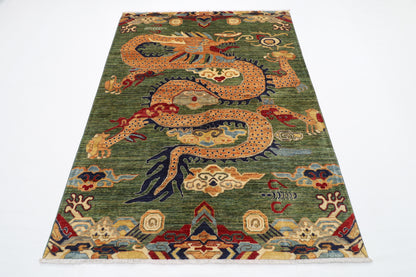153 x 202 cm | Oriental Dargon Green Area Rug Afghan Hand Knotted Veg Dye Wool carpet
