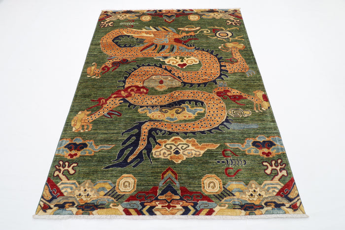 153 x 202 cm | Oriental Dargon Green Area Rug Afghan Hand Knotted Veg Dye Wool carpet