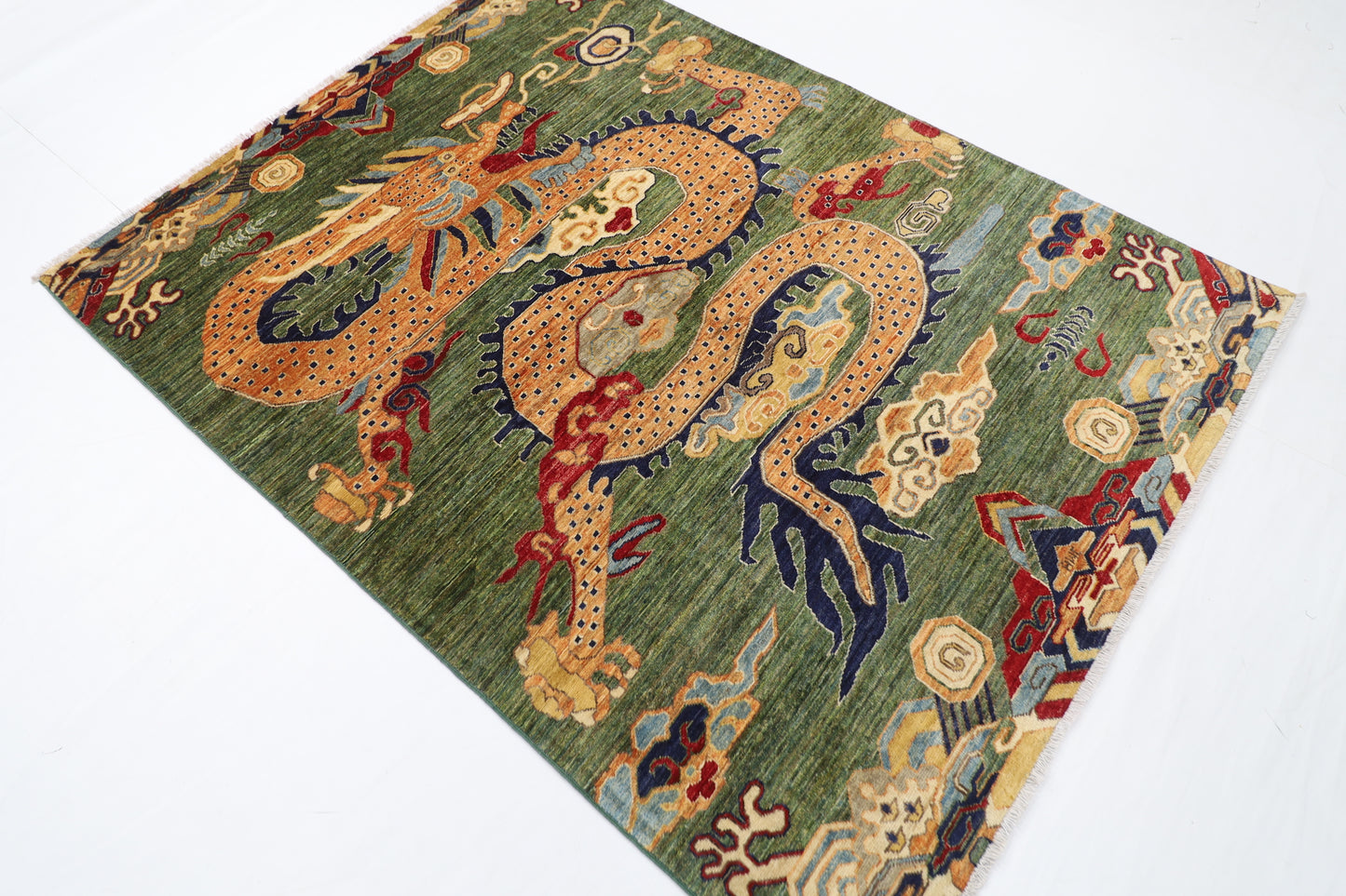 153 x 202 cm | Oriental Dargon Green Area Rug Afghan Hand Knotted Veg Dye Wool carpet