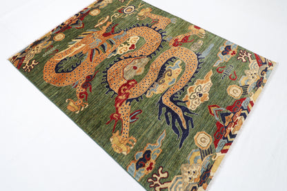 153 x 202 cm | Oriental Dargon Green Area Rug Afghan Hand Knotted Veg Dye Wool carpet