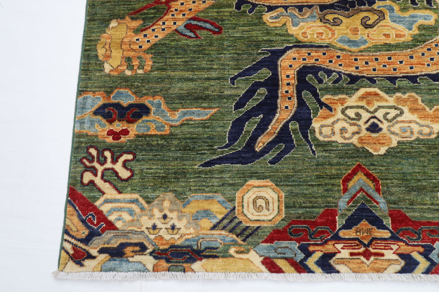153 x 202 cm | Oriental Dargon Green Area Rug Afghan Hand Knotted Veg Dye Wool carpet