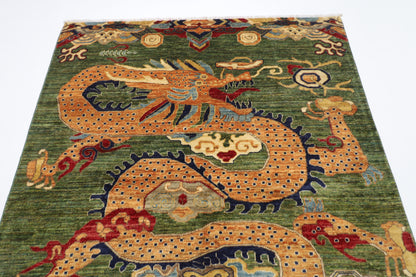153 x 202 cm | Oriental Dargon Green Area Rug Afghan Hand Knotted Veg Dye Wool carpet