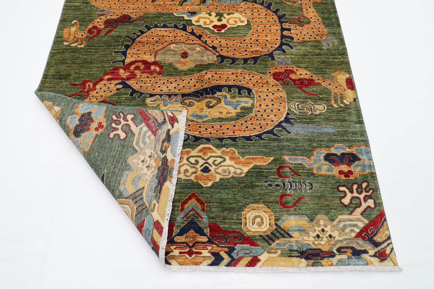 153 x 202 cm | Oriental Dargon Green Area Rug Afghan Hand Knotted Veg Dye Wool carpet