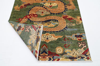 153 x 202 cm | Oriental Dargon Green Area Rug Afghan Hand Knotted Veg Dye Wool carpet