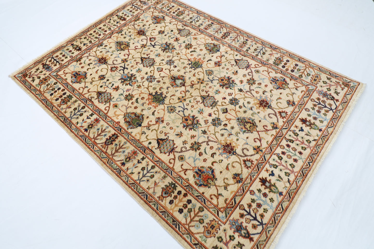 148 x 199 cm | Oriental Beige Area Rug Afghan Hand Knotted Veg Dye Wool carpet