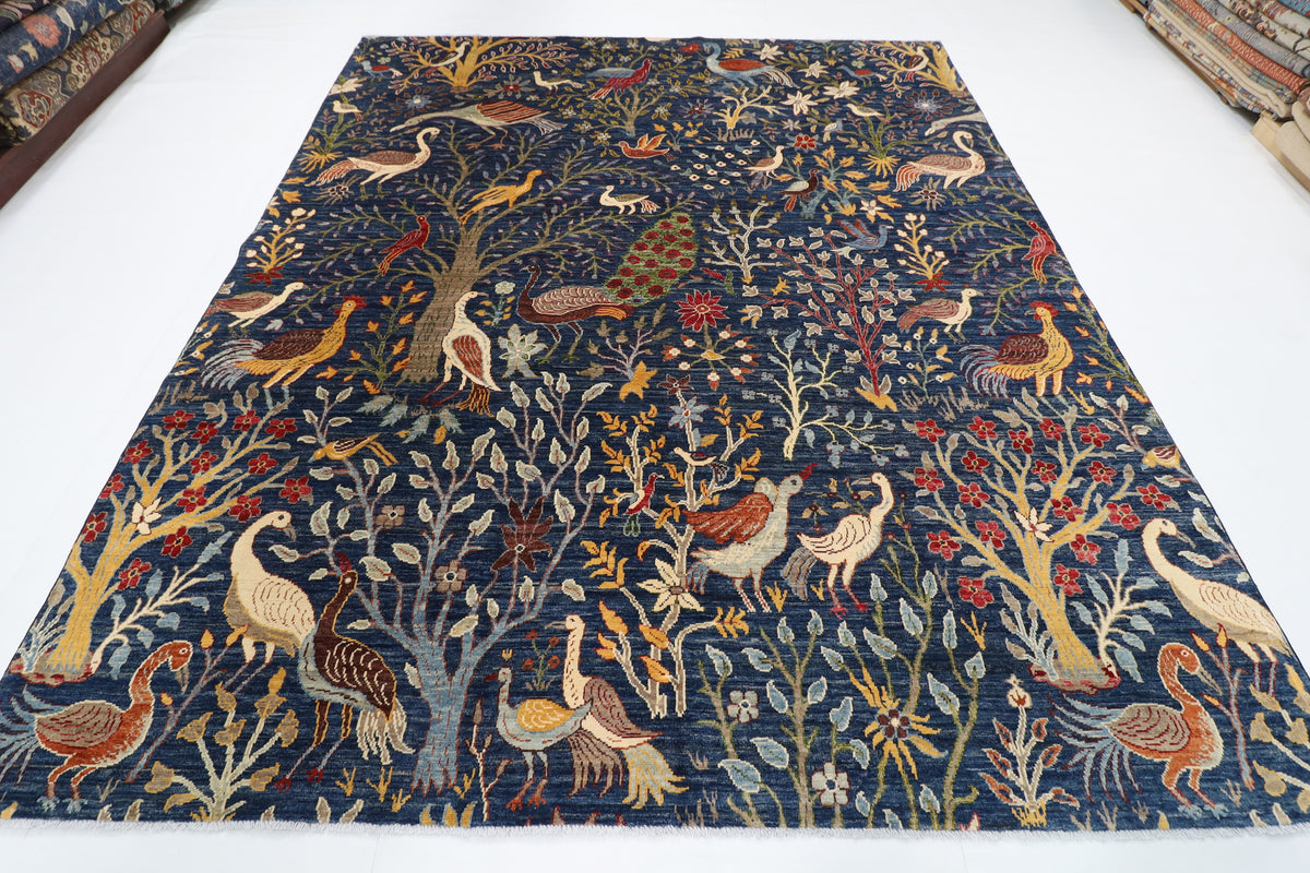 255 x 302 cm | birds Blue Design Hand Knotted Wool Afghan Carpet