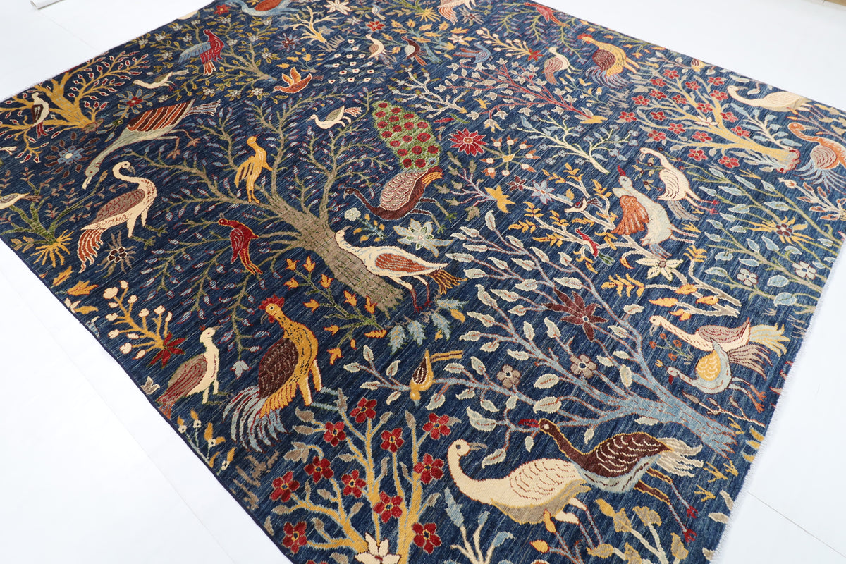 255 x 302 cm | birds Blue Design Hand Knotted Wool Afghan Carpet