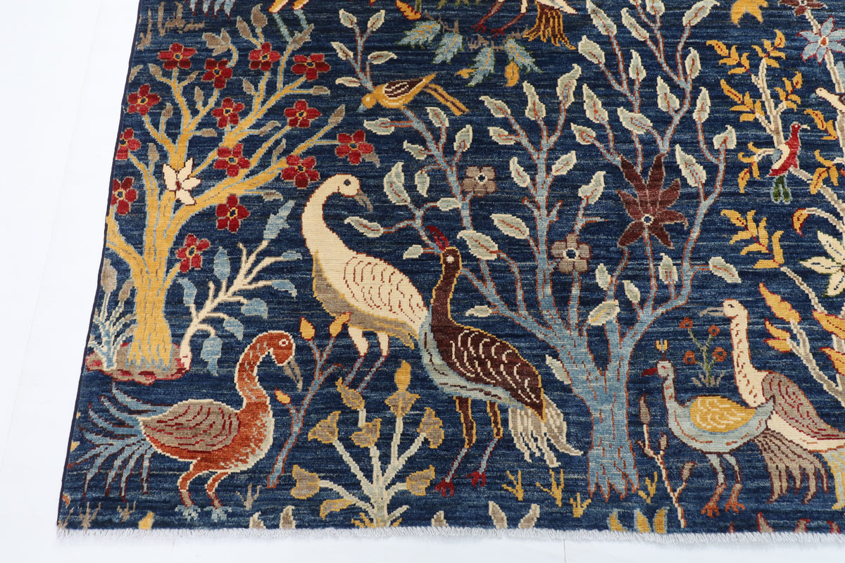 255 x 302 cm | birds Blue Design Hand Knotted Wool Afghan Carpet
