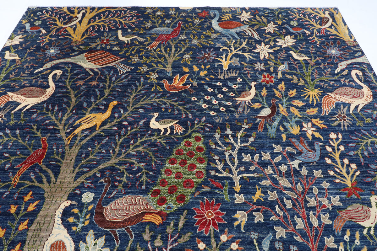 255 x 302 cm | birds Blue Design Hand Knotted Wool Afghan Carpet