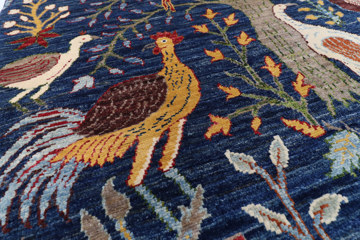255 x 302 cm | birds Blue Design Hand Knotted Wool Afghan Carpet