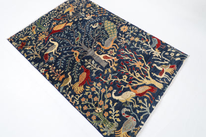 123 x 181 cm | Oriental Birds Blue Area Rug Afghan Hand Knotted Veg Dye Wool carpet
