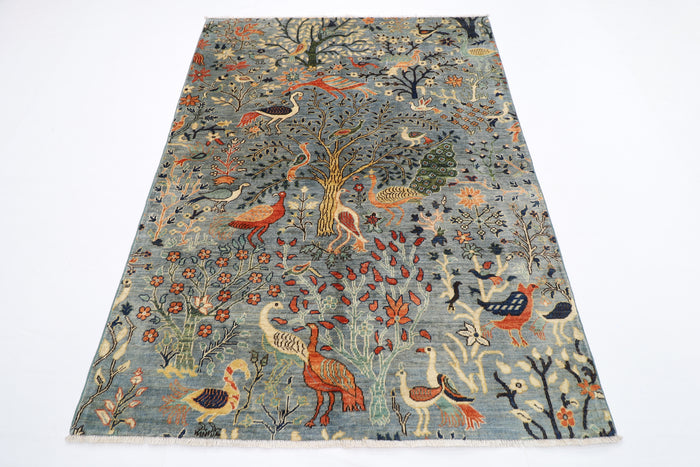 151 x 199 cm | Oriental Birds Area Rug Afghan Hand Knotted Veg Dye Wool carpet