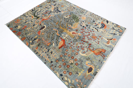 151 x 199 cm | Oriental Birds Area Rug Afghan Hand Knotted Veg Dye Wool carpet